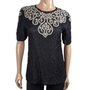 Vintage 90s Royal Feelings Pure Silk Blouse Short Sleeve Formal Pearl Beaded
